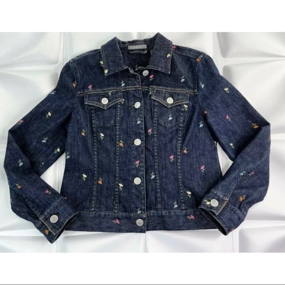 Liz Claiborne Womens Sz M Floral Embroidered Dark Blue Denim Jacket RARE - Picture 1 of 7